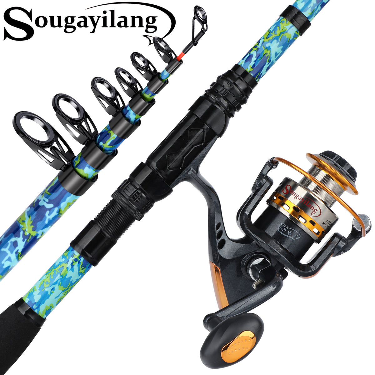 Sougayilang 1.8M-2.7M Telescopic Portable Fishing Rod and 12+1BB 5.5:1  Spinning Fishing Reel Saltwater Fishing Rod and Reel Set