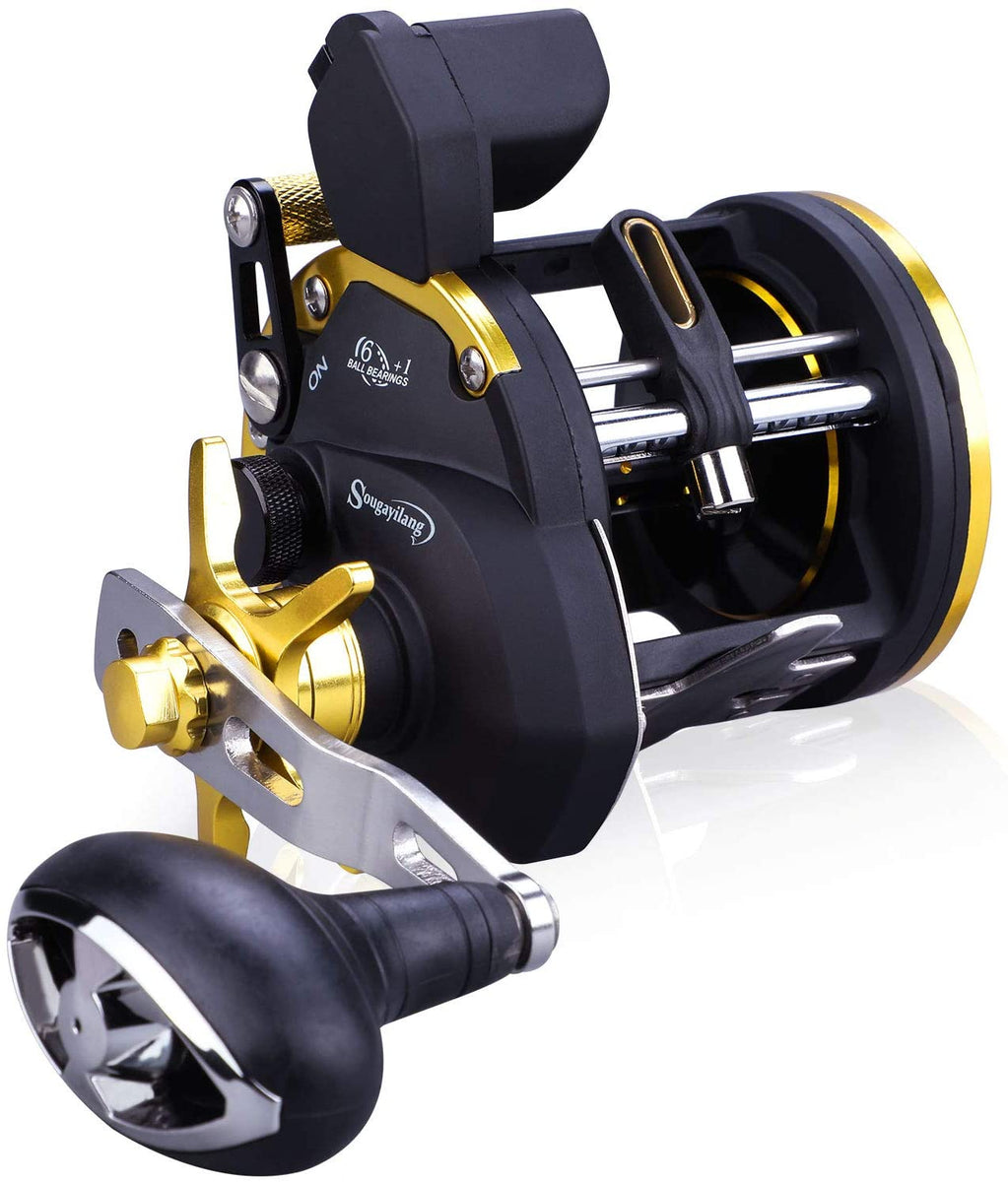 Sougayilang Line Counter Trolling Reel Graphite Body Fishing Reel Durable  Stainless-Steel and Brass Gears, Powerful Carbon Disc Drag