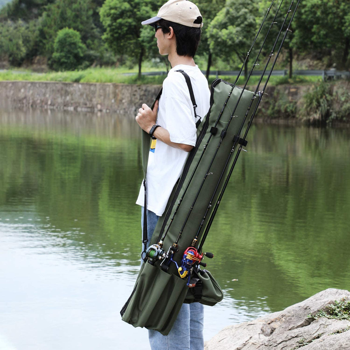 Durable Canvas Fishing Rod & Reel Organizer Bag Travel Carry Case Bag
