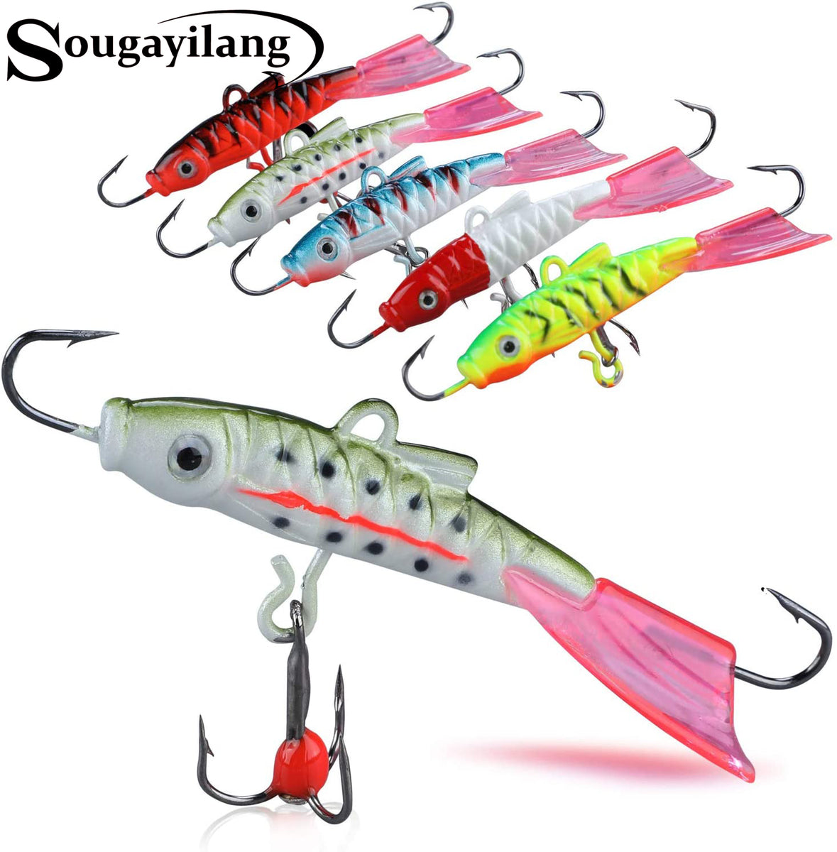 Sougayilang Ice Fishing Jigs, Winter Fishing Hard Lures with Treble Hooks,  Red, Colors Fishing Bait Lure Kit in Tackle Box for Bass Pike Trout Walleye