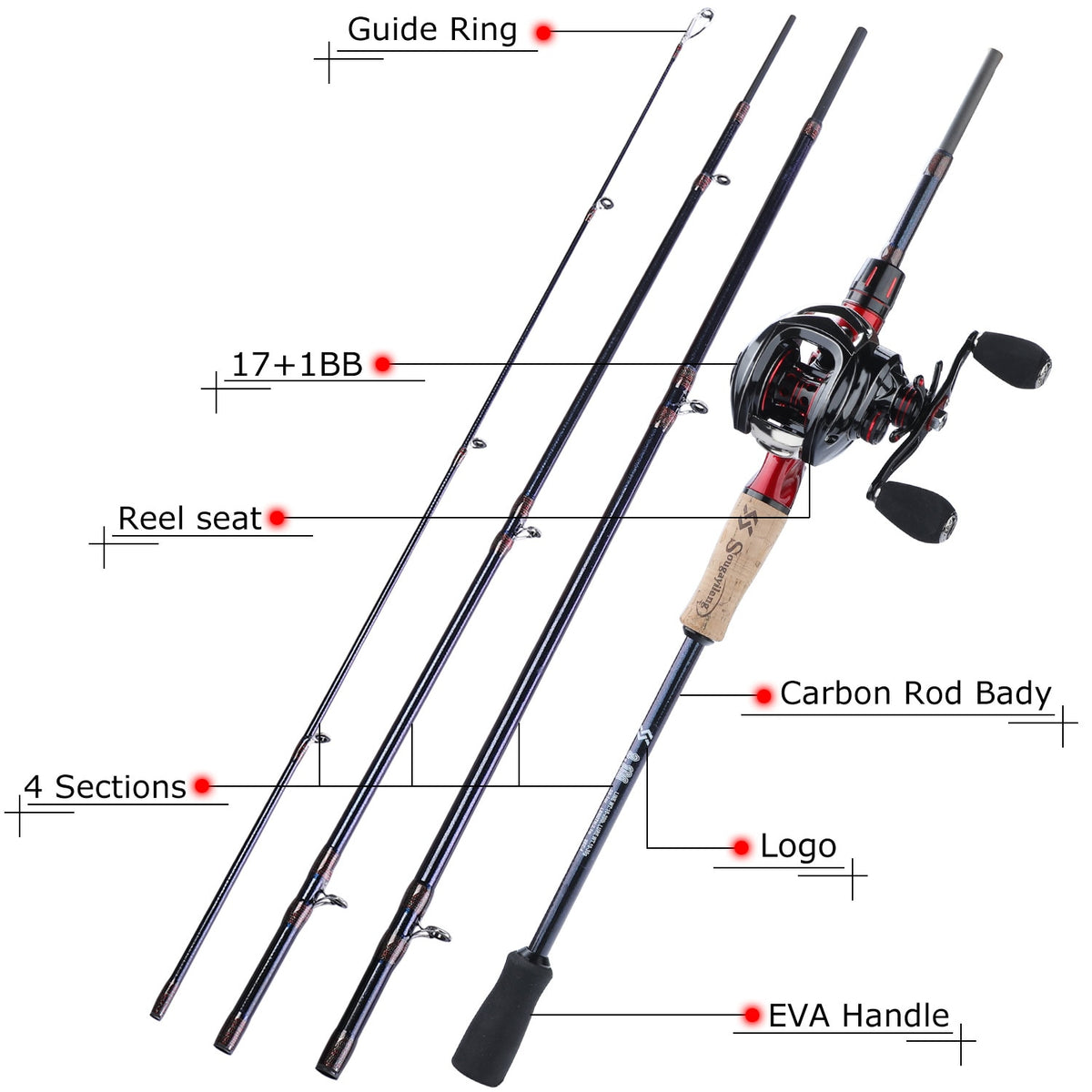 Sougayilang 1.8m/2.1m/2.4m Portable 4 Sections 24 Ton Carbon Casting  Fishing Rod and 11+1BB Baitcasting Reel Fishing Combo Pesca