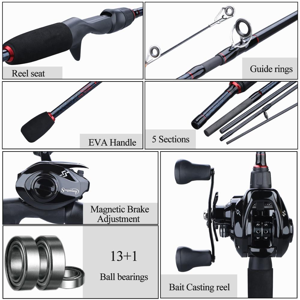 Sougayilang 1.8m-2.4m Casting Fishing Rod Combo Portable 5 Section Fishing  Rod and 12+1BB 7.2:1 Gear Ratio Baitcasting Reel