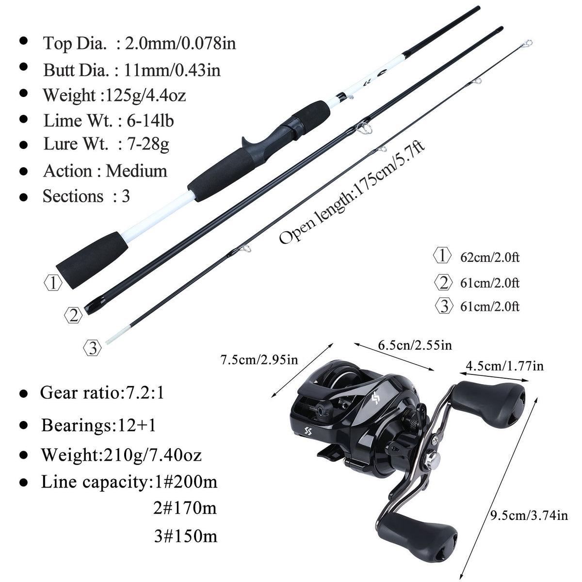 Sougayilang Fishing Rod Reel Combo Portable 3 Section Lure Fishing Ro