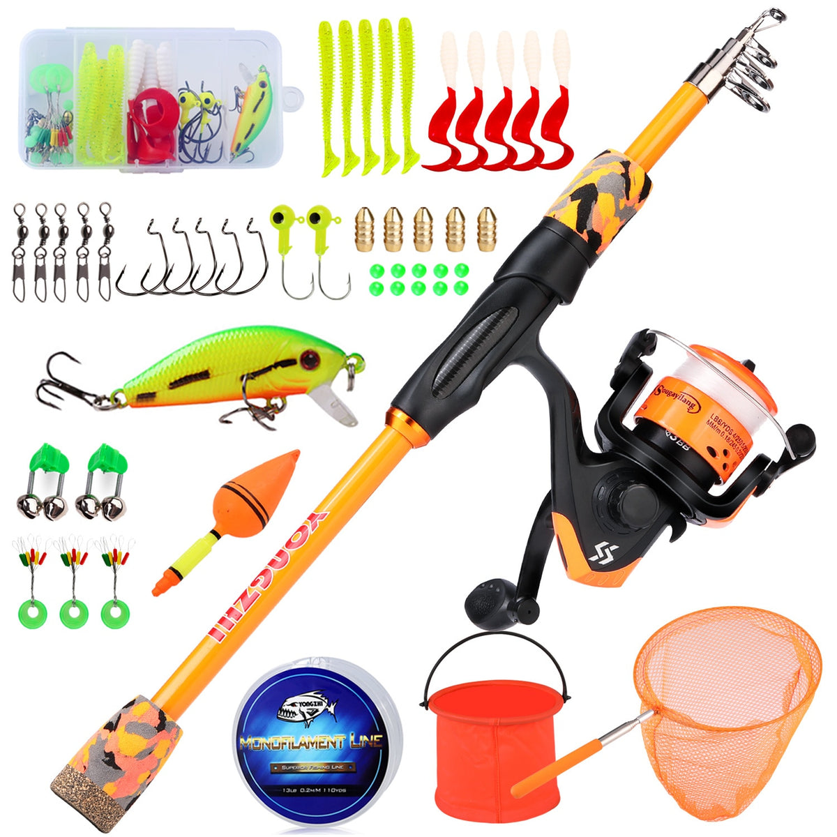 Sougayilang Fishing Rod and Reel Combo Spinning Fishing Rod and Spinning  Reel Fishing Line Lure Hook Full Set Gifts for Children