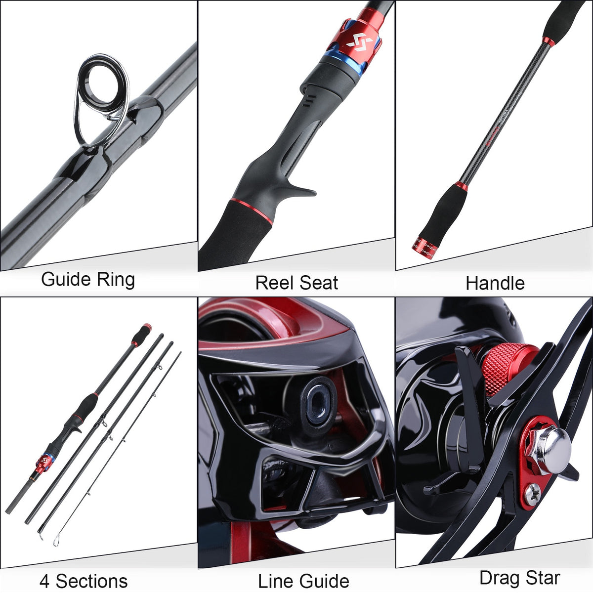 Sougayilang Travel Fishing Combo 1.8-2.1m Casting Fishing Rod and 17+1BB  7.1:1 High Speed Baitcasting Reel Set Tackle Kit