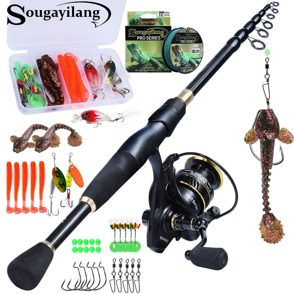 Sougayilang Fishing Rod and Reel Combo Set with Telescopic Spinning Rod and  Spinning Reels Fishing Line Lure Hooks Full Kit
