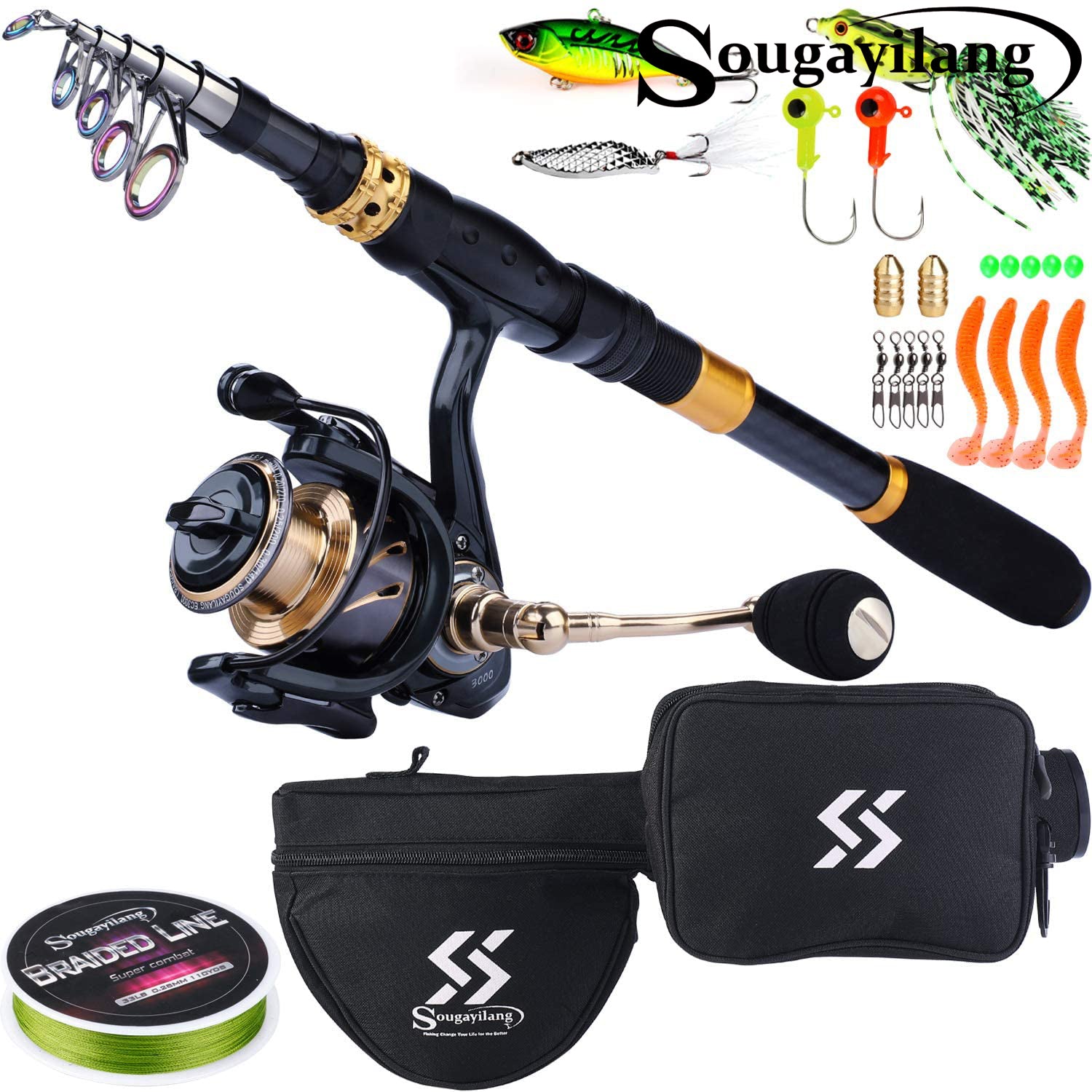 Sougayilang Telescopic Fishing Rod and Reel Combo Spinning Pole - Spinning Reels for Travel Fishing, Size: 2.1m and XY2000