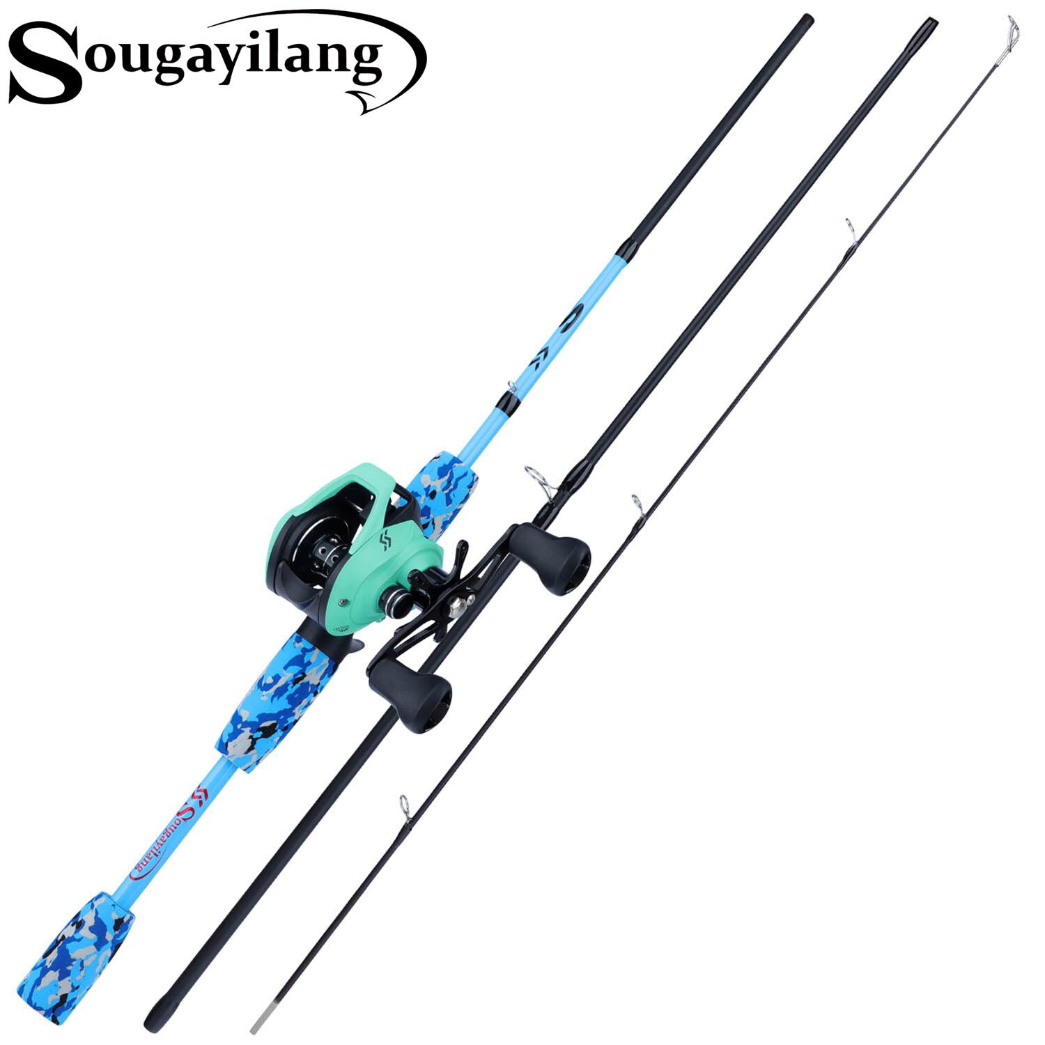 Sougayilang Camouflage Fishing Rod and Reel Combo Set Portable 3 Section  Casting Rod and 7.2:1 12+1BB Baitcasting Fishing Reel